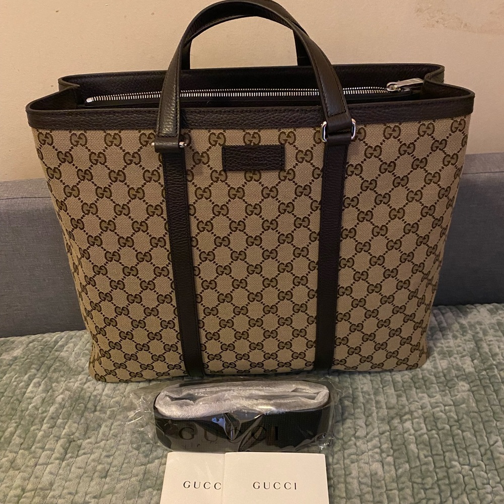 Gucci Large Handbag with strap Dark brown beige canvas tote New